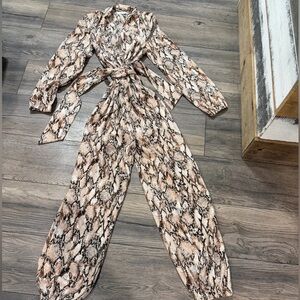 Fashion Nova Taupe Snake-Print Long Sleeve Jumpsuit